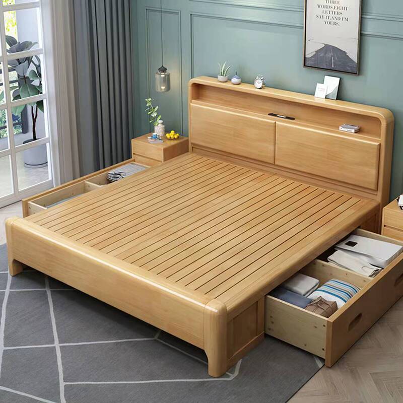 Solid Wood Bed 1.8m Master Bedroom Double Bed 1.5m High Box Bed Wooden Bed 1.2m Single Storage Bed Factory Direct Sale