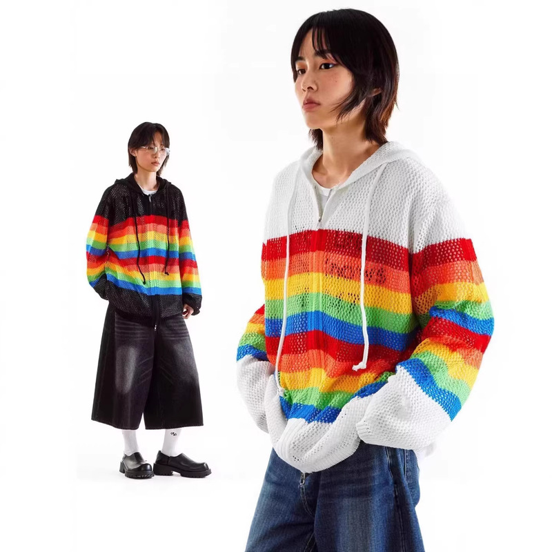 American-Style Color-Blocked Hollow-Out Hooded Knit Cardigan for Men, Summer Sun Protection Shirt, Dopamine Fashion Couple's Shirt Jacket American-Style Color-Blocked Hollow-Out Hooded Knit Cardigan for Men, Summer Sun Protection Shirt, Dopamine Fashion Couple's Shirt Jacket