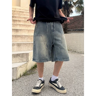 美式潮牌工装牛仔短裤男夏季薄款宽松直筒五分裤复古水洗休闲裤子