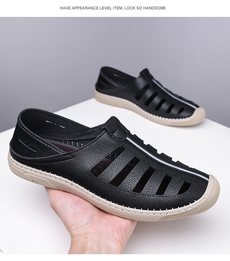 Giày lười sandal nam thoáng khí khoét lỗ, mũi tròn, đế cao su chống trượt — Màu nâu, màu đen chi tiết 17