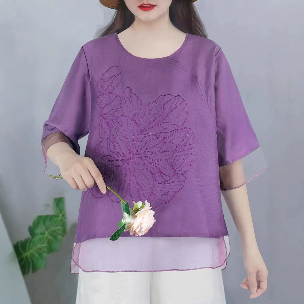Настоящие фото летних топов из шелка и льна для женщин больших размеров с короткими рукавами и художественной вышивкой в ​​стиле ретро, ​​свободных и обтягивающих футболок.