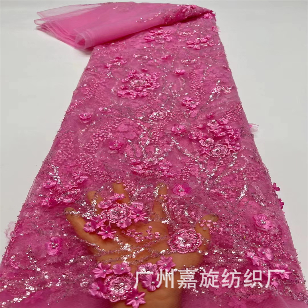 Flores frescas tridimensionales cuentas de sequillas viento nacional transparente malla bordada tela de vestido de encaje JX4224