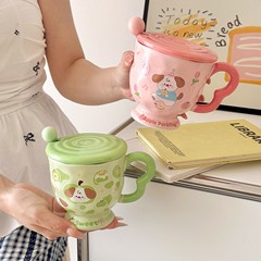 高颜值可爱卡通马克杯带盖勺水杯陶瓷情侣家用早餐咖啡牛奶杯实用