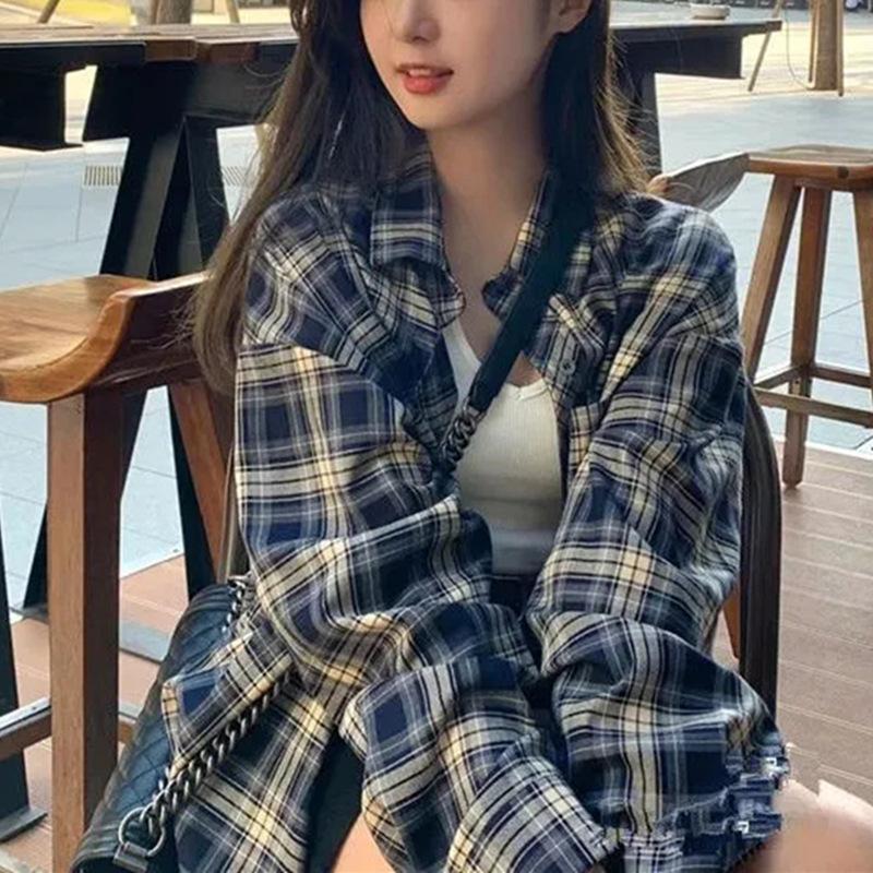 Plaid Shirt women's autumn power wear lazy style design loose shirt long sleeve top cardigan coat Plaid Shirt women's autumn power wear lazy style design loose shirt long sleeve top cardigan coat