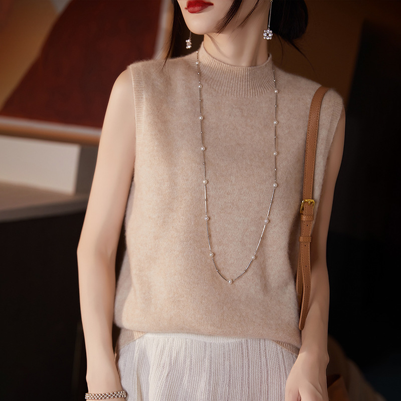 Autumn and Winter First-line Ready-to-wear Knitted Pure Wool Camisole Women's Half Turtleneck Sleeveless Pullover Sweater Slimming Look Bottoming Shirt