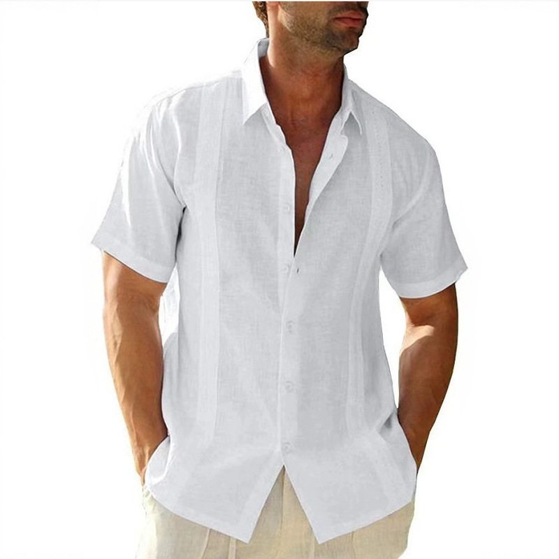 2025 Summer Lapel Solid Color Amazon New Single-Breasted Cotton Linen Lace Men's Short Sleeve Casual Shirt Top 2025 Summer Lapel Solid Color Amazon New Single-Breasted Cotton Linen Lace Men's Short Sleeve Casual Shirt Top