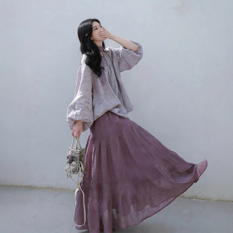 2026 Spring Colorful Linen Shirt and Skirt Two-Piece Set, Lazy Style Purple Long-Sleeve Outfit for Women with a High-End Feel