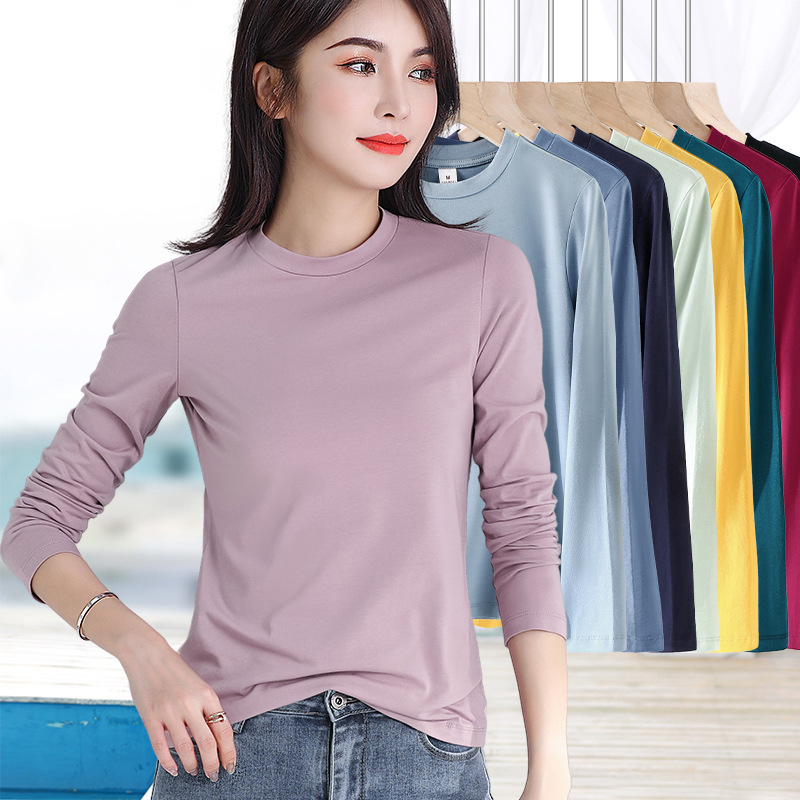 Pure Cotton Long-sleeved T-shirt Women's Thin Inner Base Shirt Middle-aged and Elderly Mother's Small Mid-high Collar Autumn Top Single Piece
