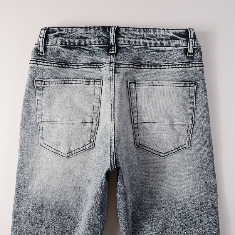 Vêtements pour hommes dans le même style moustaches de chat froissées patchwork noir trous en cuir élastique slim fit jeans skinny jeans_voghion.com