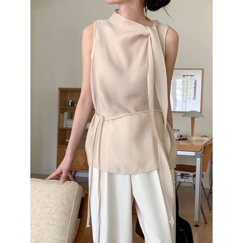 2026 Summer New Style Gentle Wind Fluttering Tie-Neck Sheer Blouse Thin Sleeveless Tie-Up Niche Top for Women