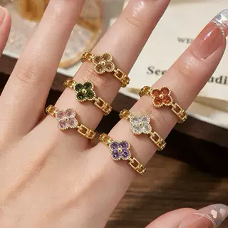 新款四叶花锆石个性彩色带钻四叶草戒指女时尚轻奢幸运草开口指环