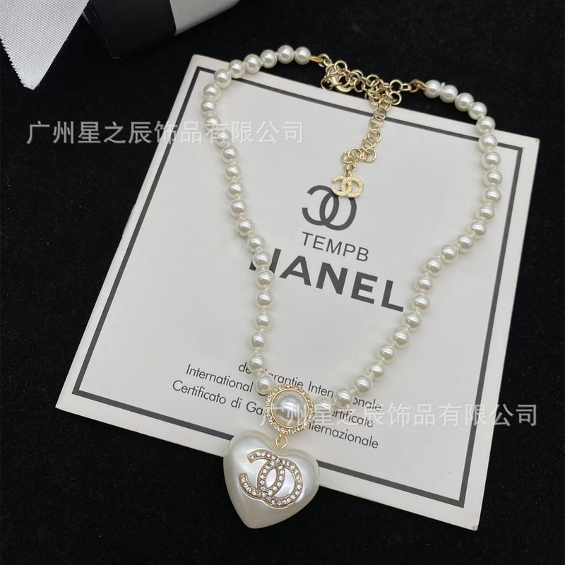 実物写真 Xiangjia ペアバージョン ダブル C パール ホワイト ピーチ ハート ネックレス レディース ピンク ビーズ ダイヤモンド ラブ 鎖骨チェーン 女性用卸売|undefined