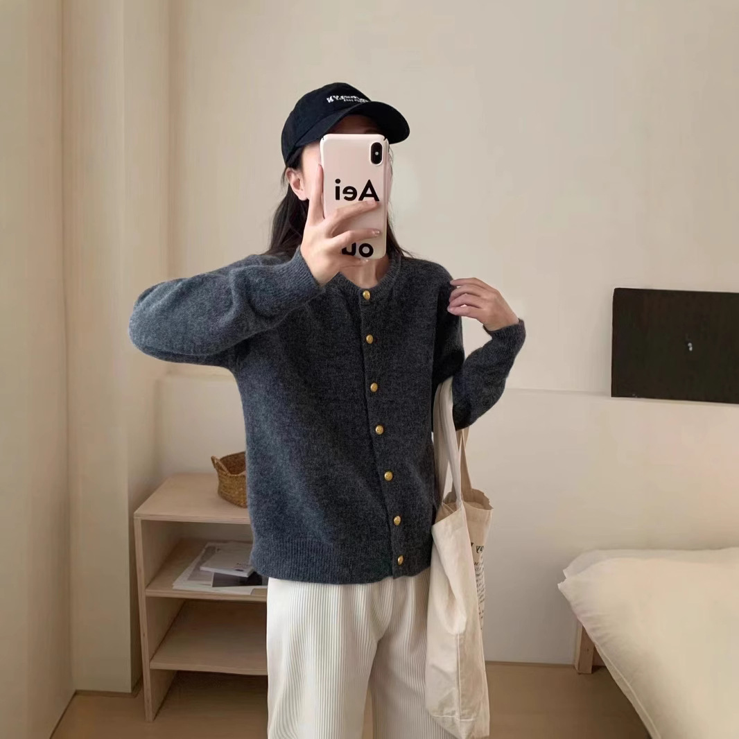 Coreano simple pequeño botón de oro suave suéter glutinoso abrigo mujer 2025 primavera y otoño nuevo suelto cardigan de punto de cuello redondo chaqueta