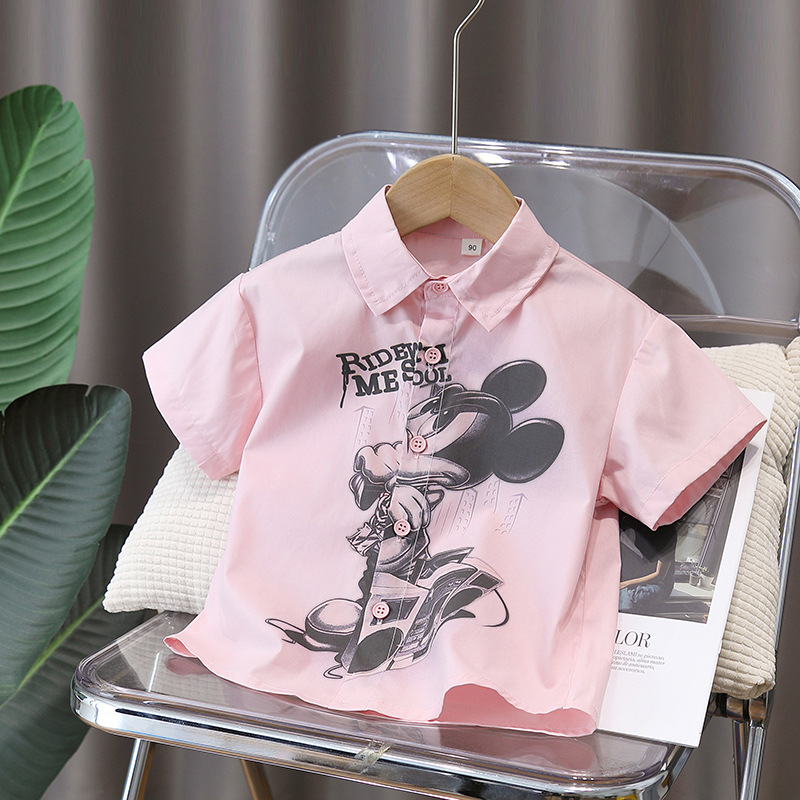 7273 Camisa rosa para niños 2025 nueva camisa de manga corta con estampado coreano para niños de verano
