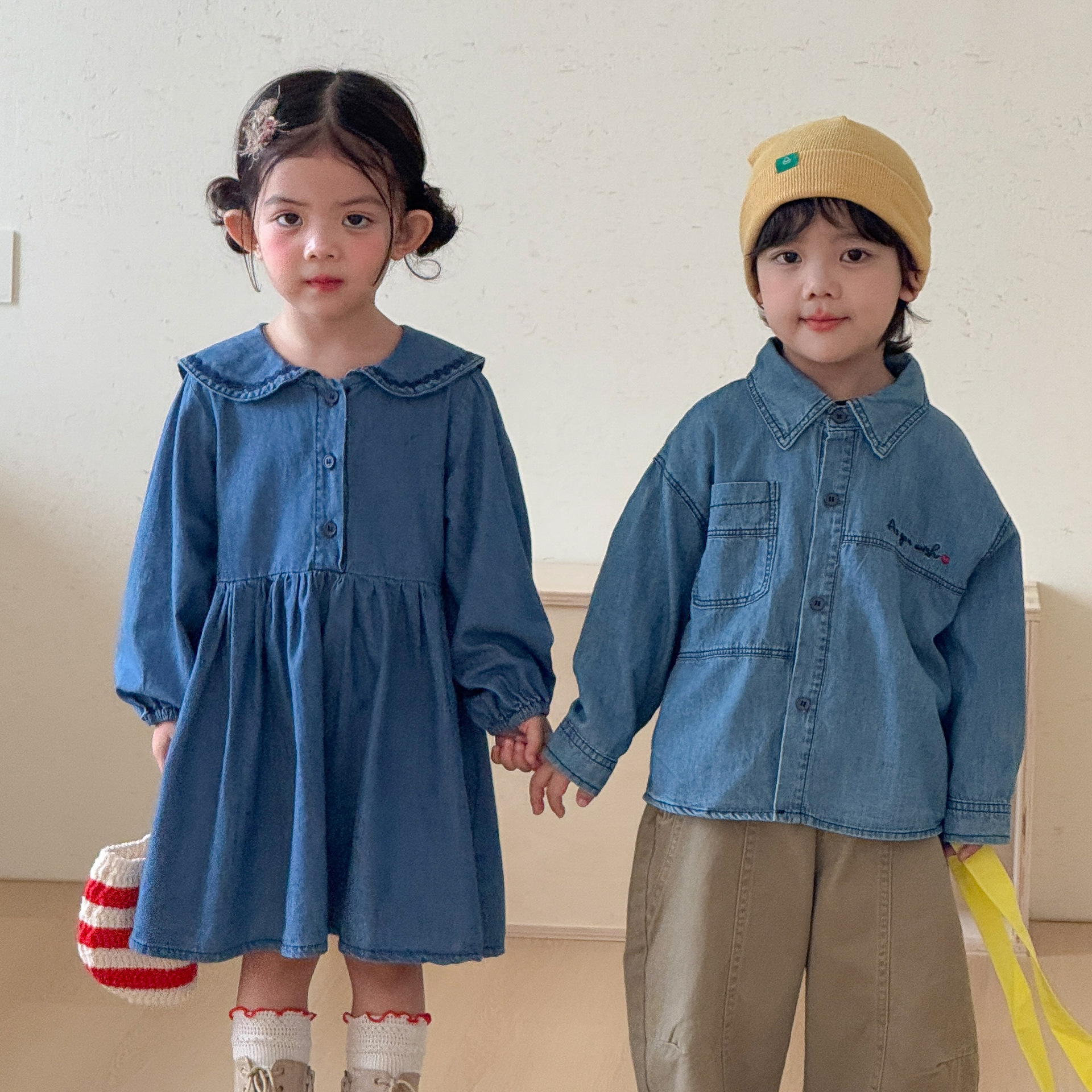 Girls' Denim Dress, Children's Loose-Fit 2026 New Spring and Autumn Baby Boys' Shirt Jacket, Brother and Sister Fall Outfit