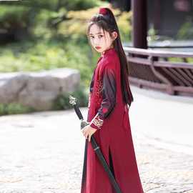 女童古装汉服仙侠儿童花木兰服装中国风武侠cos剑客演出红色战服