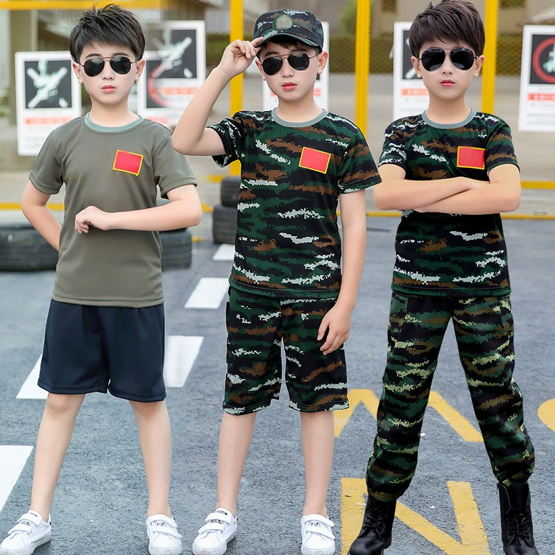 Детская камуфляжная одежда для мальчиков, летняя одежда для детского сада, учеников начальной и средней школы, военный тренировочный комплект из двух предметов, женский летний лагерь, военная тренировочная одежда с короткими рукавами