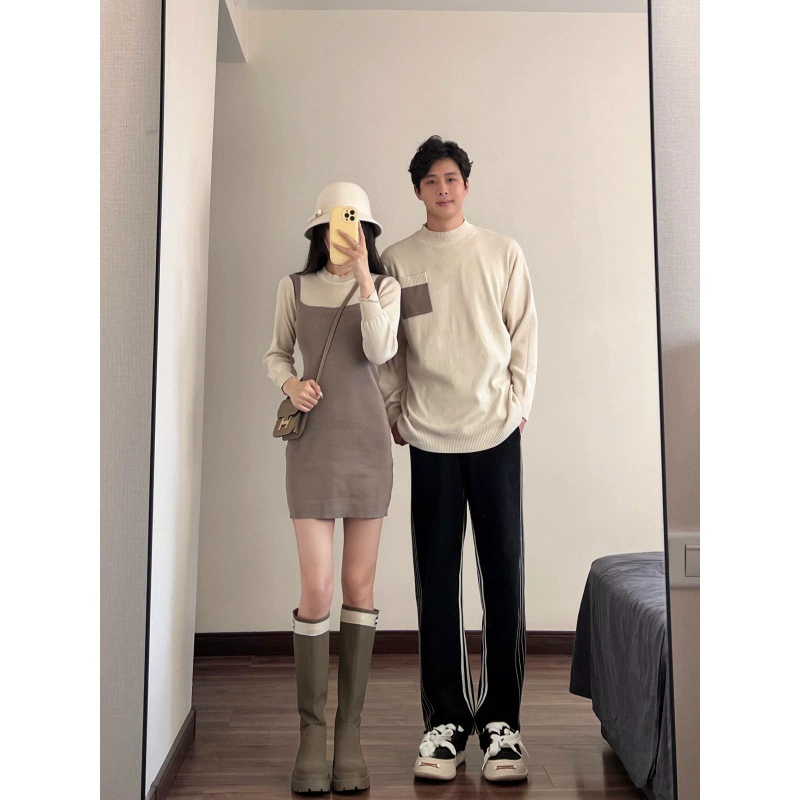 Spring couple clothing for beloved, set, long-sleeve, knitted sweater, round collar