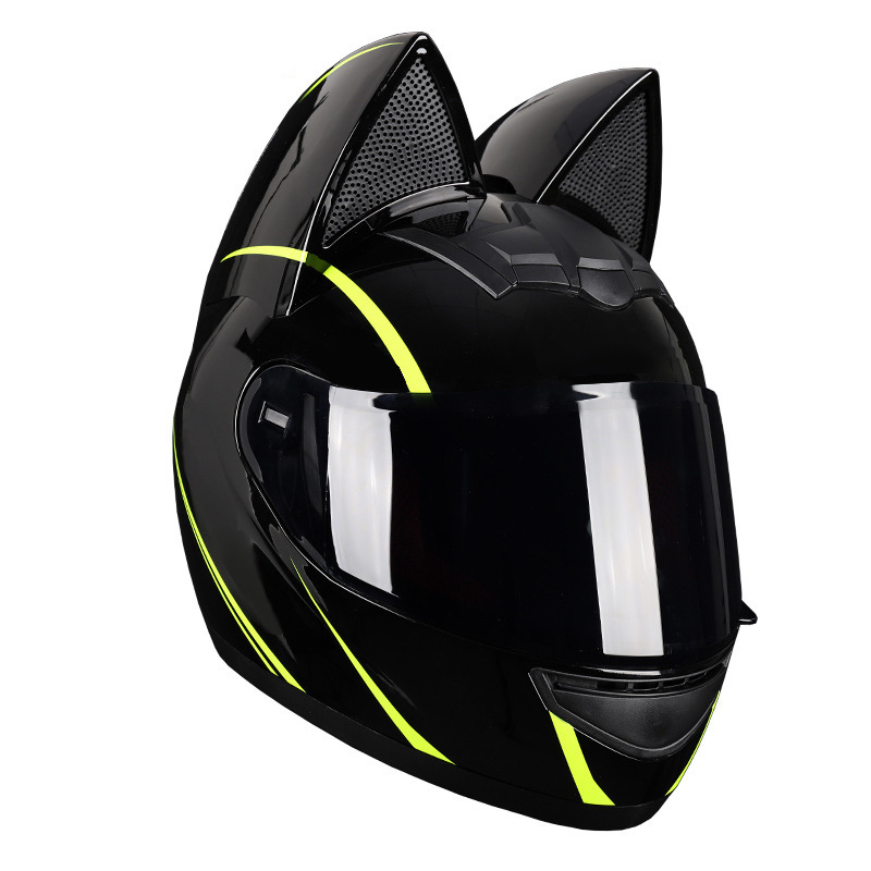 Casco de motocicleta eléctrica HNJ, casco integral con oreja de gato certificado 3C para mujer, verano, se puede equipar con auriculares Bluetooth, casco integral para motocicleta