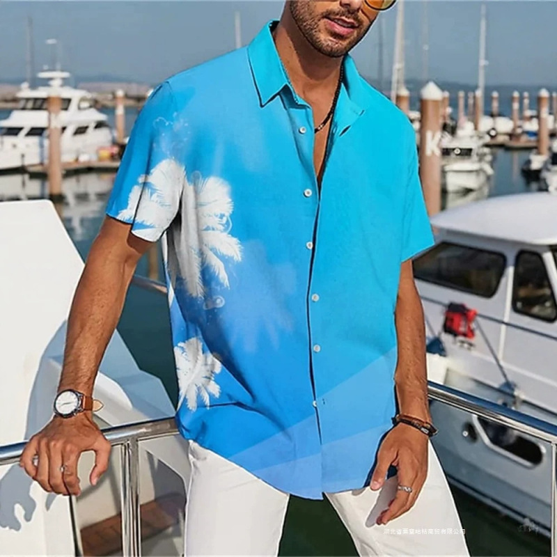 Summer Men's High-Quality Solid Retro Plaid Shirt Fashionable Casual Luxury Short-Sleeve Men's Aloha Shirt