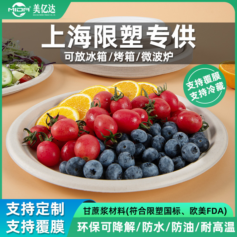 上海市可降解餐盒甘蔗浆圆盘水果沙拉家庭野餐一次性工厂食品级