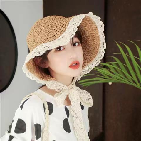 French lace floral edge Korean style Instagram Lolita sunshade sun hat for women summer petite fresh sweet cute ribbon hat