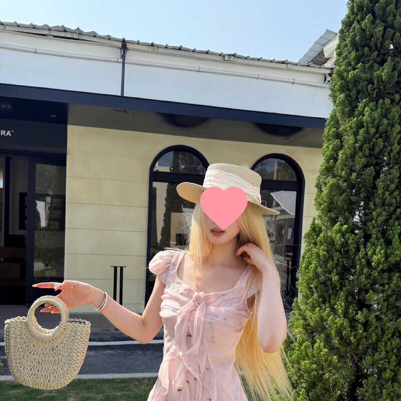 Nssy Seaside Outfit with Puff Sleeves Chiffon Pink Dress for Women Summer Vacation Stunning Lace Long Dress