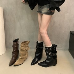 复古粗跟中筒靴女2025新款秋季百搭尖头西部牛仔靴皮带扣裤管靴子
