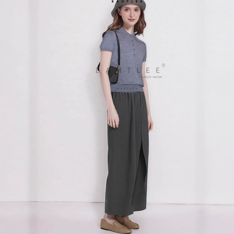 Summer Thin Australian Wool Polo Collar Knit Top with Simple Style, Slim Fit, High-Waisted Short Design, and Short Sleeves