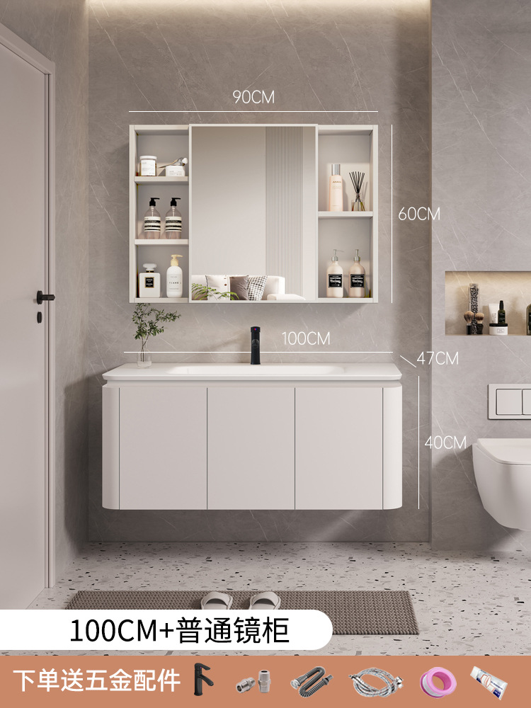 Gabinete de lavabo de cerámica de 100cm + gabinete de espejo ordinario con accesorios de hardware de grifo