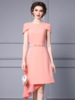 Zhili High end Pink Dress 2024 New Belt Waist Panel Short Sleeve Irregular Mid length Dress Summer Style