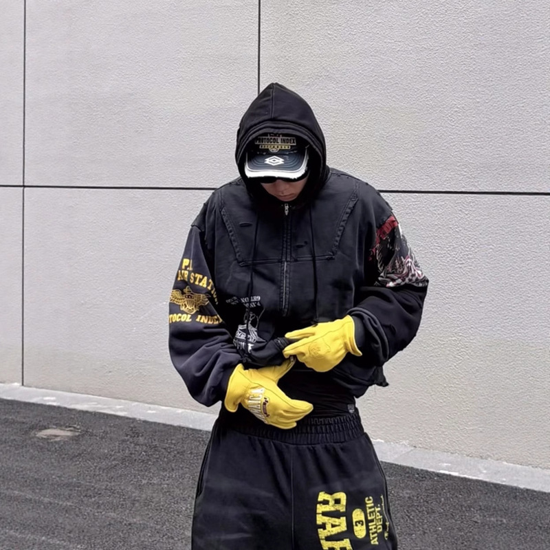 Jimo Grailz New Spring and Autumn Style Reverse Patchwork Design Washed Distressed Letter Print Zipper Hooded Sweatshirt Jimo Grailz New Spring and Autumn Style Reverse Patchwork Design Washed Distressed Letter Print Zipper Hooded Sweatshirt