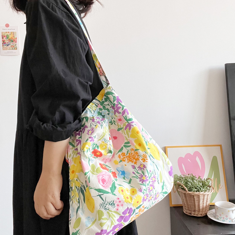 Han Feng ins Fresh Flower Bag Spring and Summer Thin Pure Cotton Shoulder Bag Crossbody Bag Large Capacity Women's Bag Canvas Bag