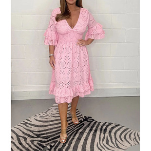2023 New European and American Cross-border Amazon Summer Solid Color V-neck Horn Sleeve Embroidery Hollow Lace Sexy dress
