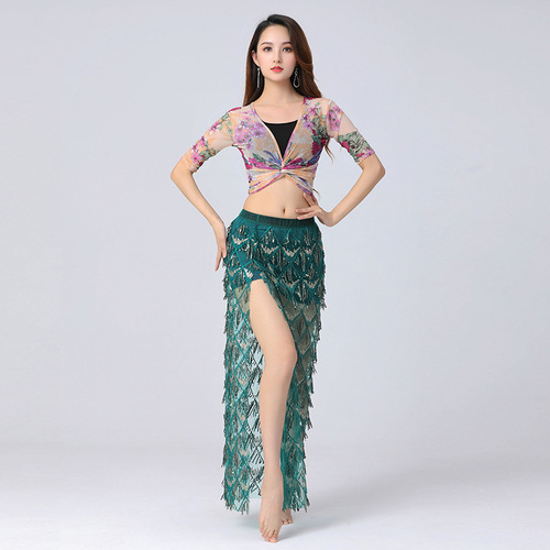 New plus size belly dance practice suit, mesh floral top, fringed sequin performance skirt