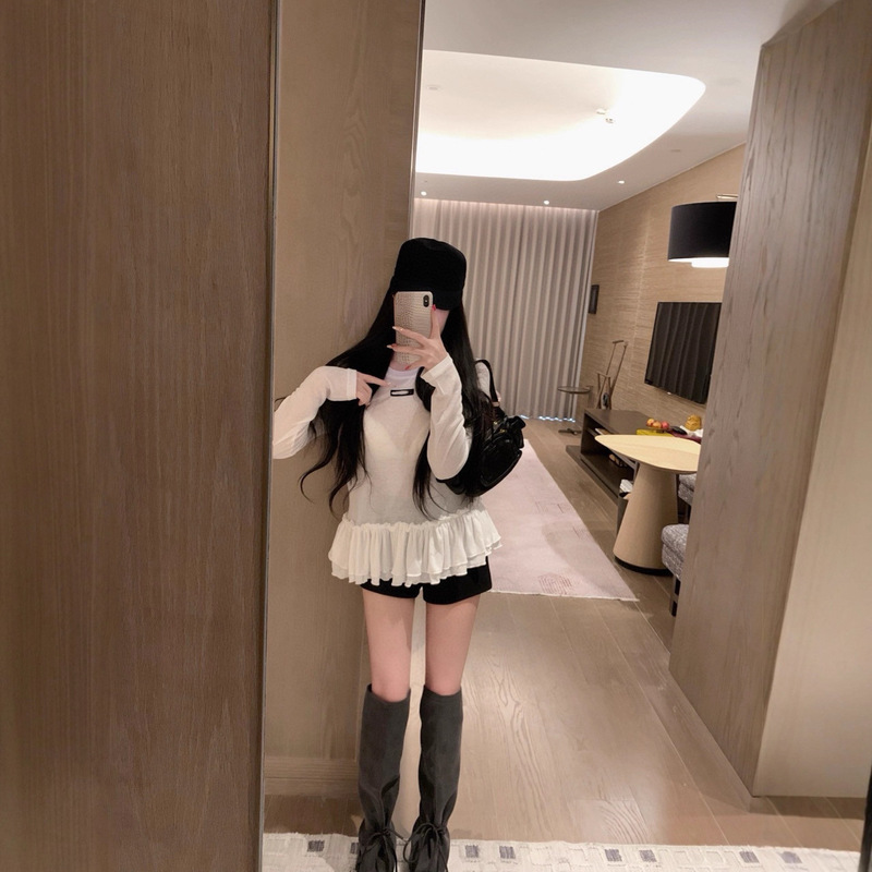 miu系蕾丝拼接花边裙摆罩衫T恤女秋冬纯欲bm叠穿内搭正肩微透上衣|undefined