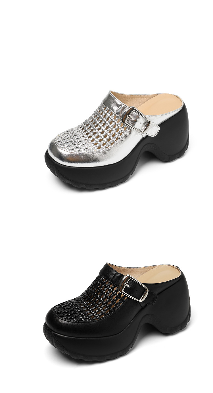 Dép sandal nữ quai chữ V đế dày mũi tròn phong cách Birkenstock — màu đen, bạc chi tiết 17