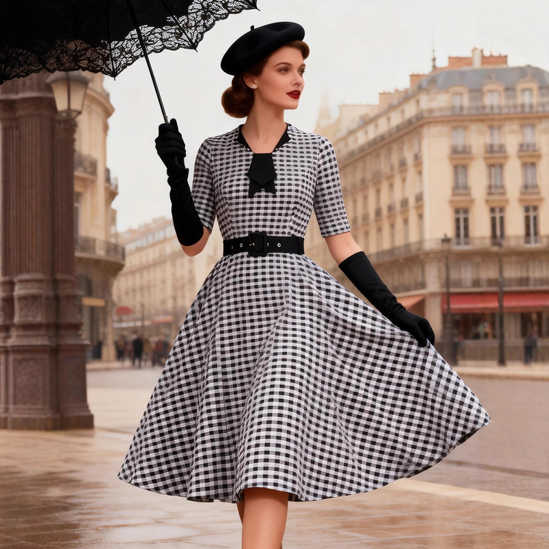 Cross-Border European and American 2026 Spring/Summer New Style Retro Women's Black and White Plaid Dress with Mid-Sleeves and Tie Decoration Cross-Border European and American 2026 Spring/Summer New Style Retro Women's Black and White Plaid Dress with Mid-Sleeves and Tie Decoration