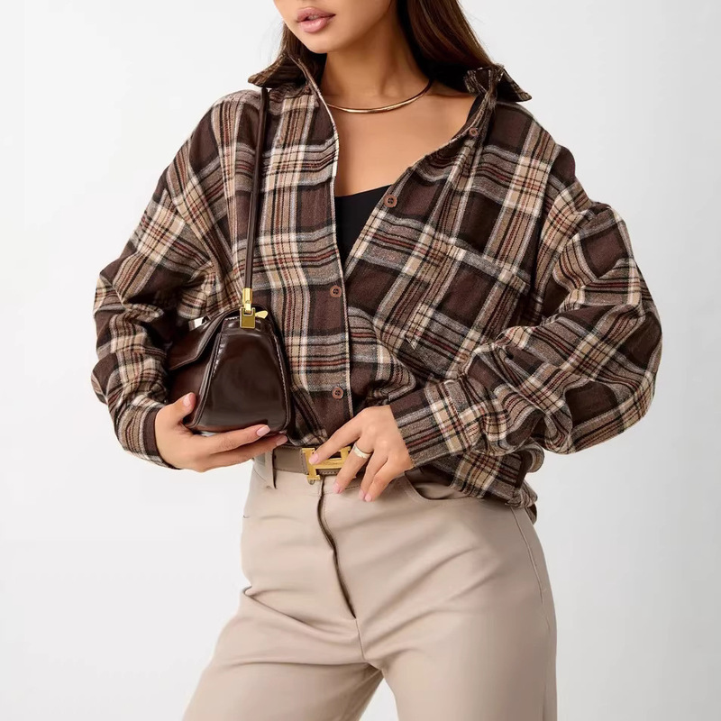 Amazon Ozon Cross-Border Women's Long-Sleeved Shirt 2026 New Retro Style Versatile Plaid Pocket Casual Shirt