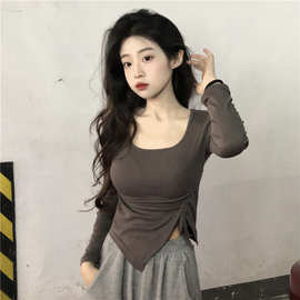 时尚辣妹短款长袖女秋季2024新款修身抽绳不规则设计感T恤上衣潮