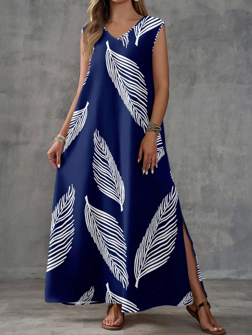 2026 nuevo estilo de vacaciones de verano estilo de impresión casual V-collar vestido de mujer europea y americana