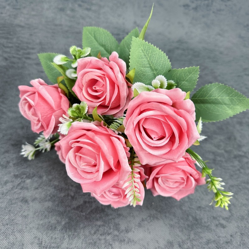 Simulación de 7 rosas rojas hechas a mano ramo de rosas bodas decoración del hogar decoración floral falsa adornos al por mayor