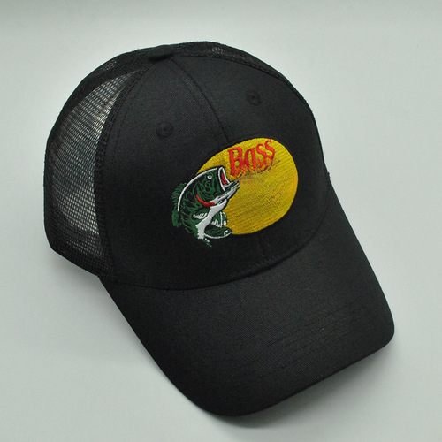 Cross-border Bass Pro Shops Fish Embroidered Mesh Hat Spring Summer Outdoor Sun Fishing Duck Bill Hat Truck Driver Hat