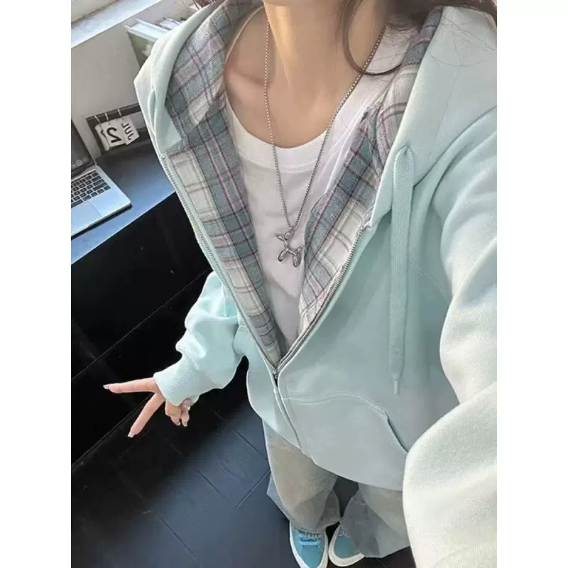 美式格子加绒连帽卫衣女秋冬2025新款爆款设计感小众情侣外套慵懒