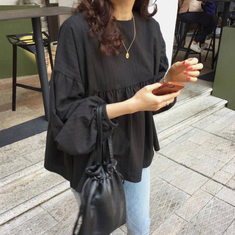 Early Autumn Spring and Autumn Sweet Lantern Sleeve Shirt Korean Thin Long Sleeve Doll Shirt Women's Loose Belly Covering Tops