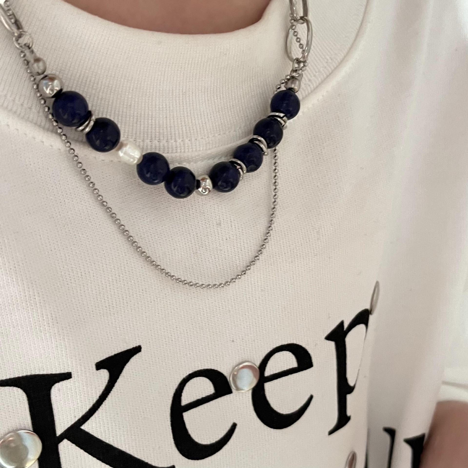 Black Pearl Simple Double-layer Stitching Non-fading Collarbone Stainless Steel Chain display picture 4