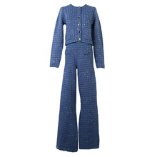 法国女装亮片针织开衫裤子套装单排扣显瘦显气质圆领针织开衫外套