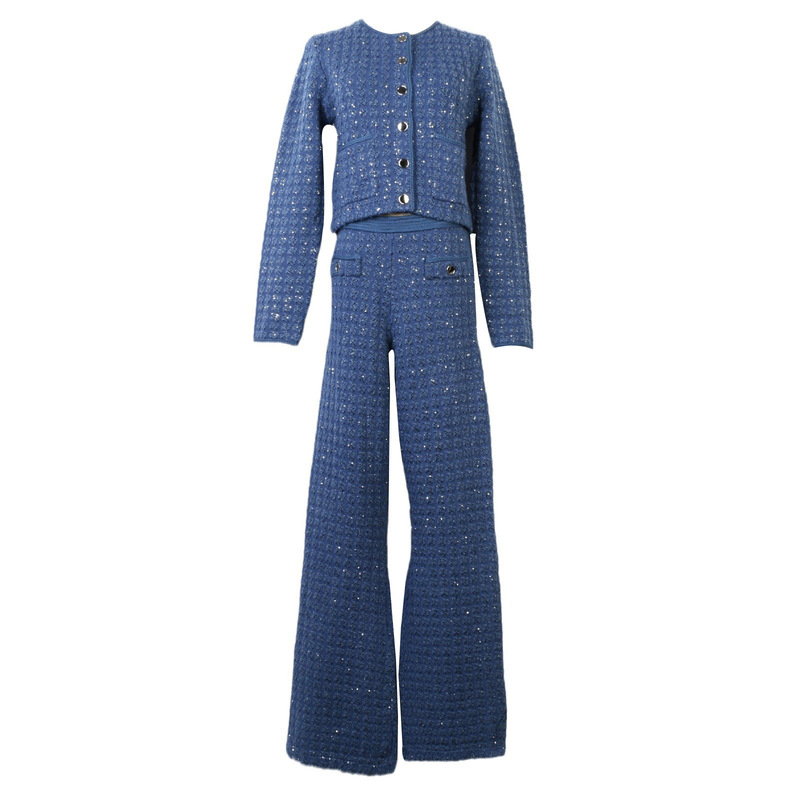 French Women's Sequin Knit Cardigan Pants Set Single-Breasted Slimming Elegant Round Neck Knit Cardigan Jacket