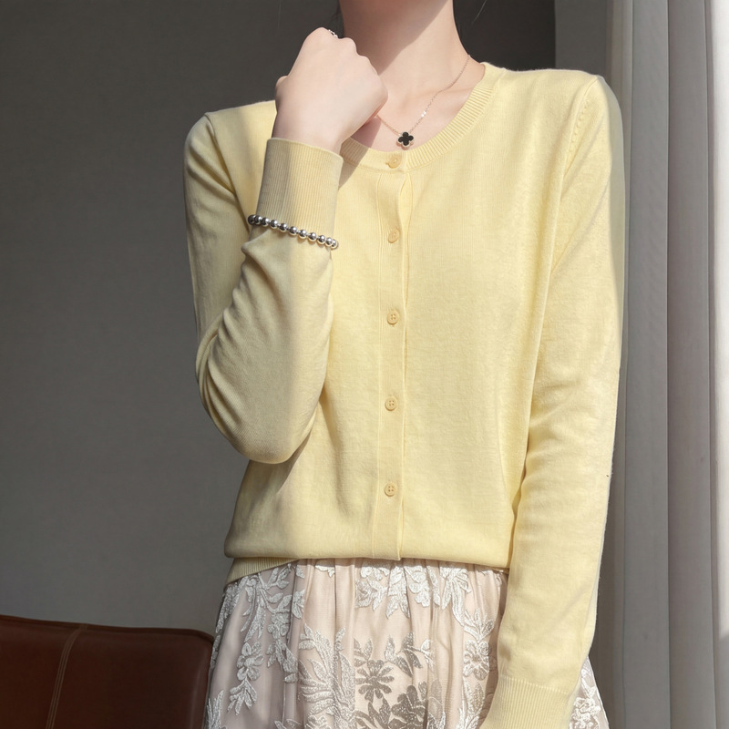 2026 Summer New Style 100% Fine Wool Round Neck Knitted Cardigan Long-Sleeve Women's Solid Color Loose Versatile Top 2026 Summer New Style 100% Fine Wool Round Neck Knitted Cardigan Long-Sleeve Women's Solid Color Loose Versatile Top