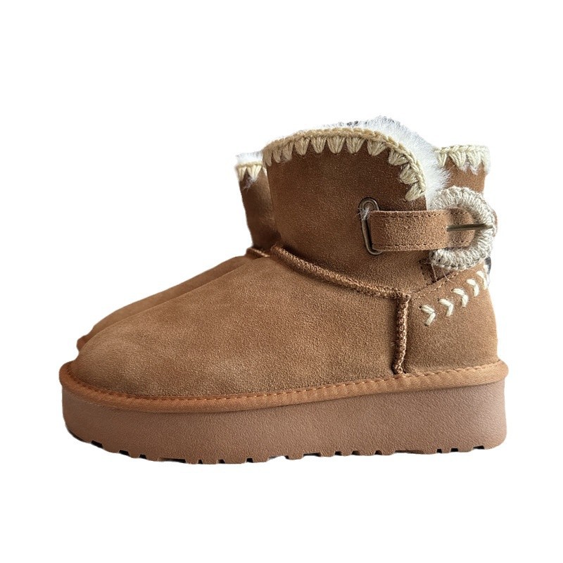 Cizme de zăpadă scurte de iarnă pentru femei, cu talpă groasă, tricotate, din lână de vacă, îngroșate și călduroase, pantofi_voghion.com